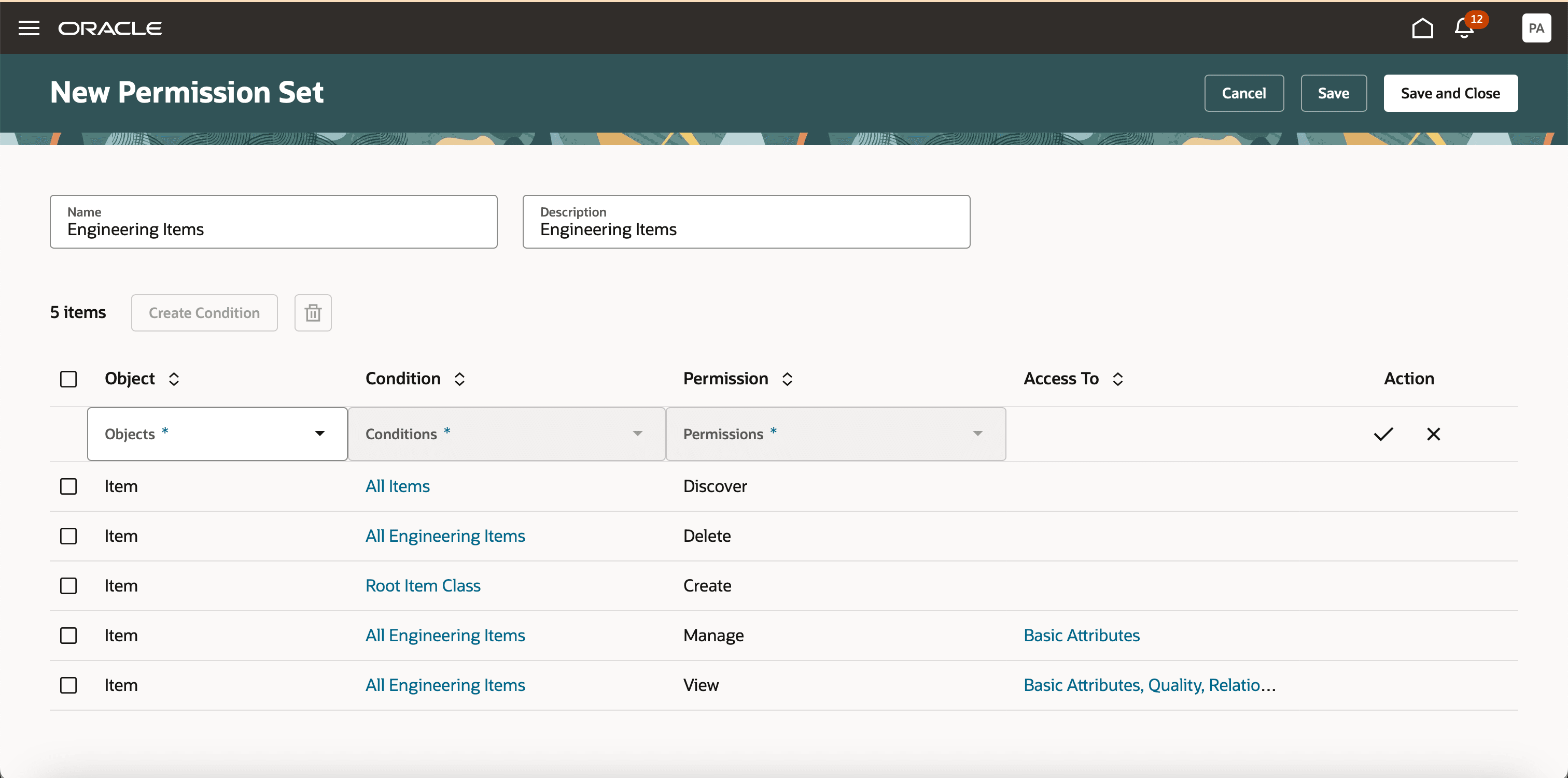 品目に適用可能なすべての権限を表示する新規権限セット・ページ