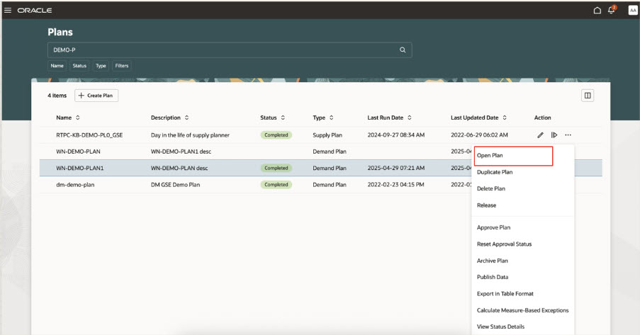 プランを開くためのメニュー品目