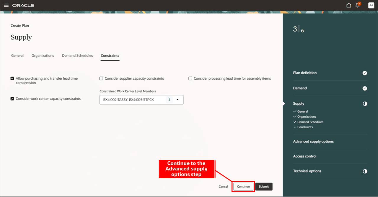 供給ステップでの制約詳細の指定