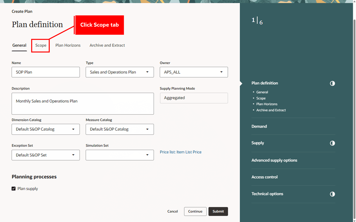 計画定義ステップでの一般詳細の指定