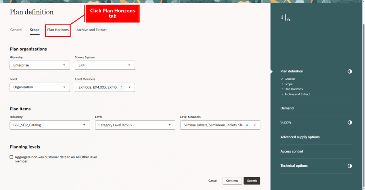 計画定義ステップでのスコープ詳細の指定