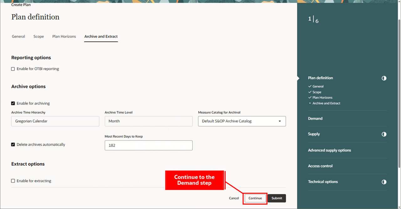 プラン定義ステップでのアーカイブおよび抽出詳細の指定