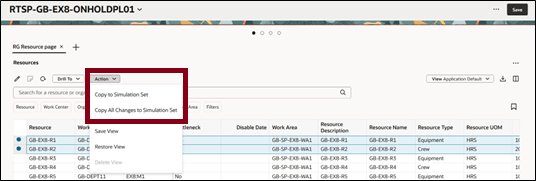 シミュレーション・セットにコピーまたはシミュレーション・セット処理メニューへのすべての変更のコピー