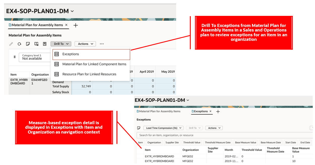 販売および業務プランのメジャー・ベース例外へのドリル