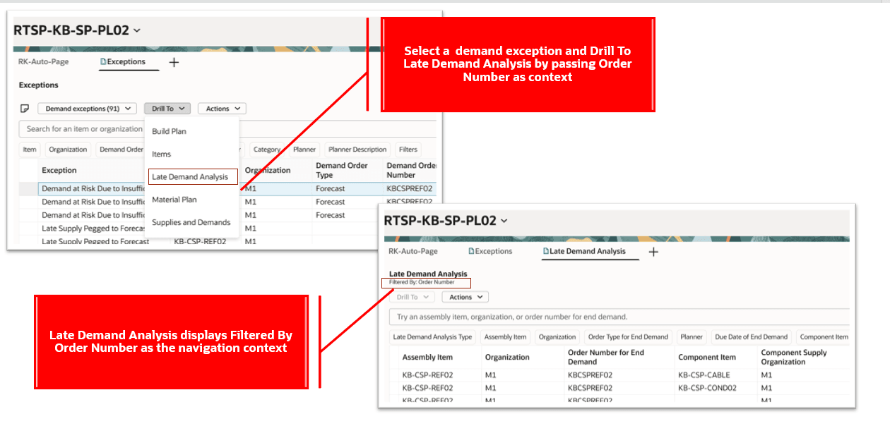 リード・タイム不足例外によるリスクあり需要からの遅延需要分析のドリル先