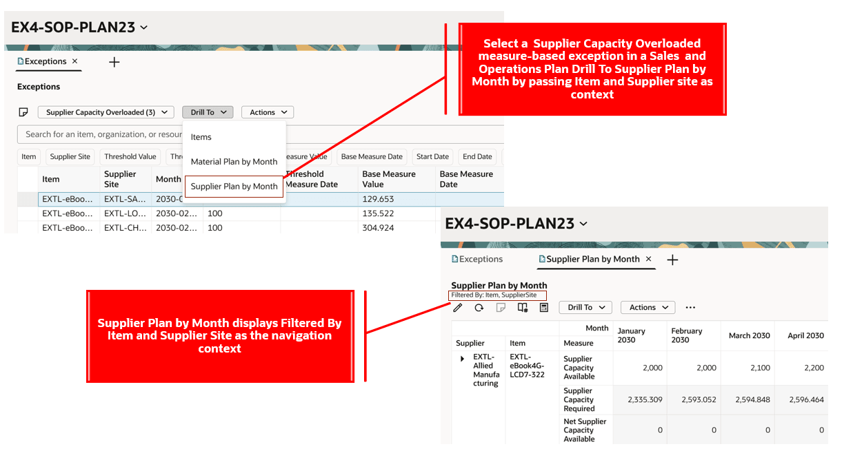 販売および業務プランのメジャー・ベース例外からの月別サプライヤ・プランへのドリル