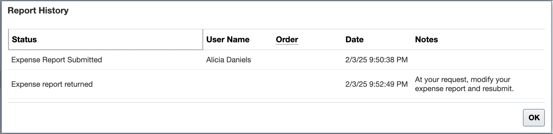 レポート履歴テーブルには、払戻プロセスのステップが表示されます。