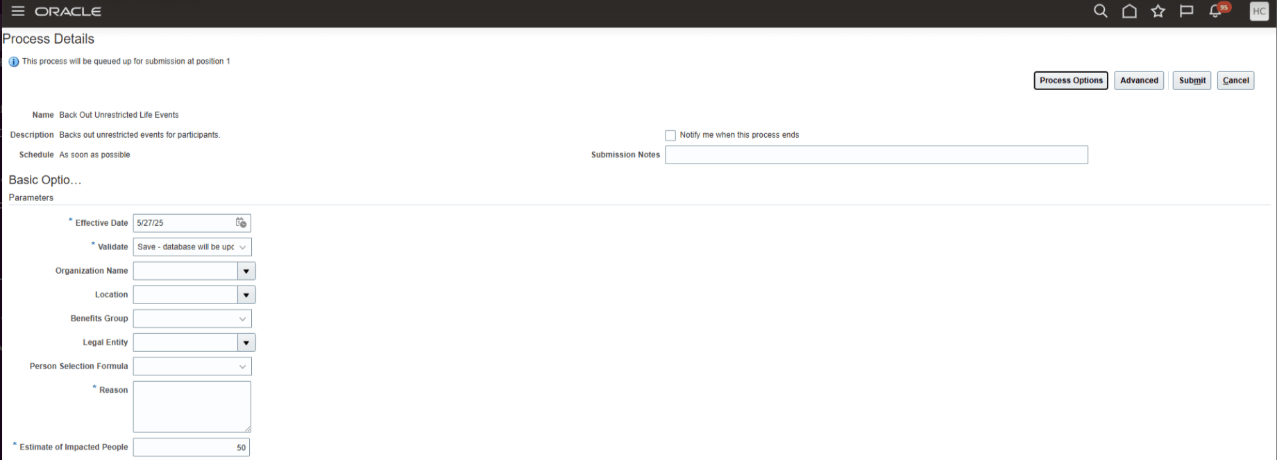 無制限ライフ・イベントのバックアウト・プロセス・ページ