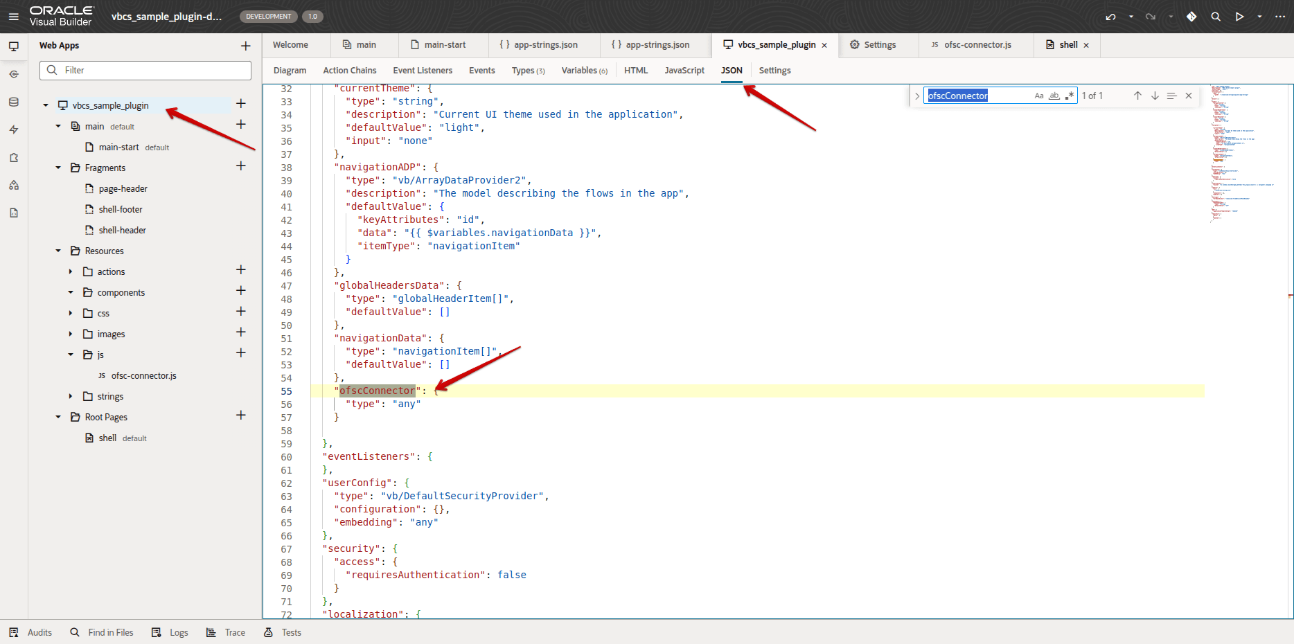 このスクリーンショットは、プラグインに追加されたofsc-connector.jsファイルを示しています。