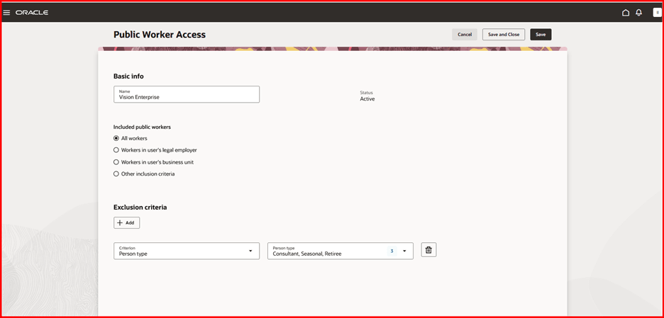 「すべての就業者」オプションが選択されている公開就業者アクセス・ページと、Personタイプ除外基準