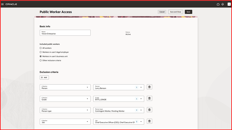 「ユーザーのビジネス・ユニットの就業者」オプションが複数の除外基準とともに選択されている「公開就業者アクセス」ページ