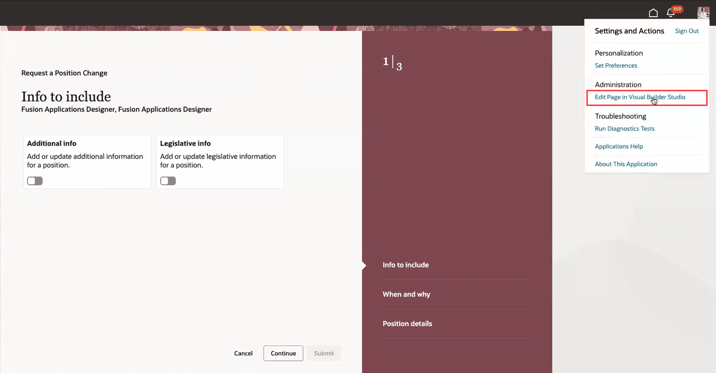 「設定およびアクション」メニューのVisual Builder Studioオプションのページの編集