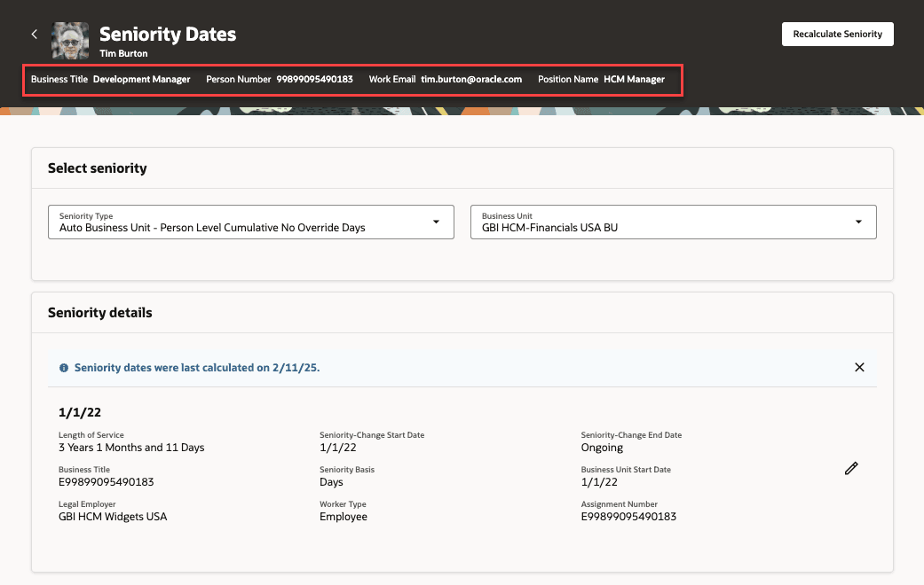 単一ページのコンテキスト・ヘッダーにラベルがあるビジネス・タイトルおよび追加フィールド