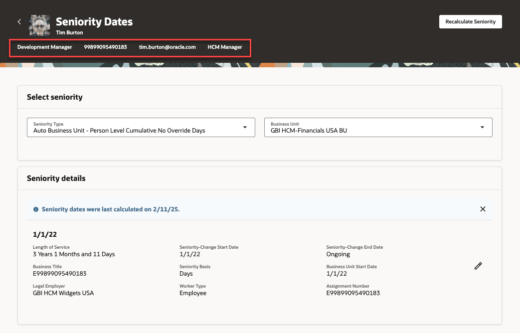 単一ページのコンテキスト・ヘッダーにラベルがないビジネス・タイトルおよび追加フィールド