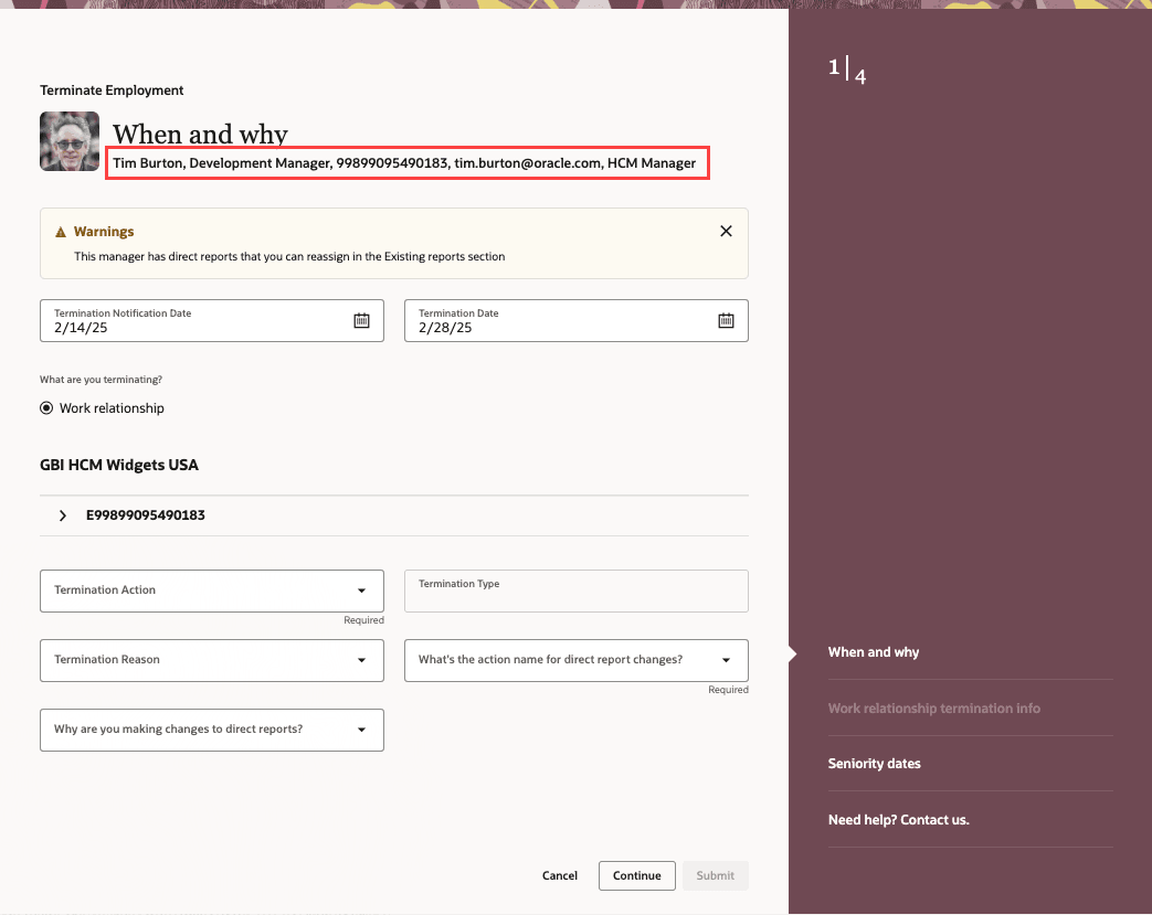 ガイド付きプロセスのコンテキスト・ヘッダーに表示される名前、ビジネス・タイトルおよび4つのプロパティ