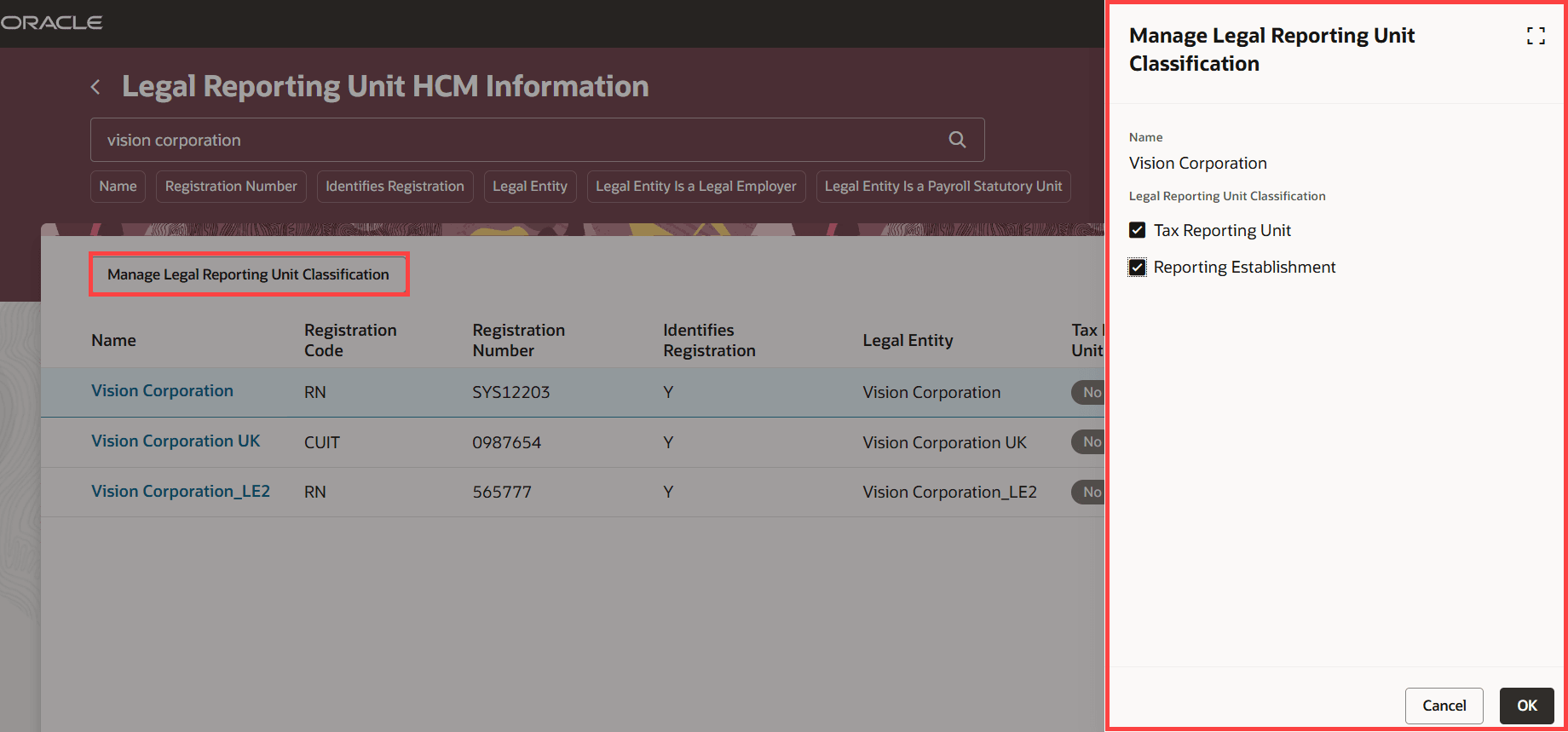 「法的レポート・ユニット分類の管理」パネル・ドロワー