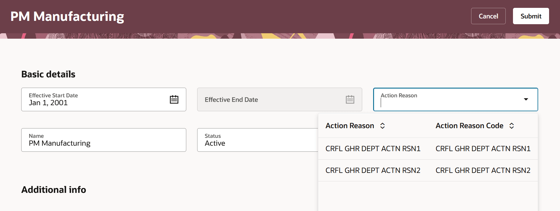 部門ページの有効開始日に基づく処理事由値リストをフィルタおよび書式設定