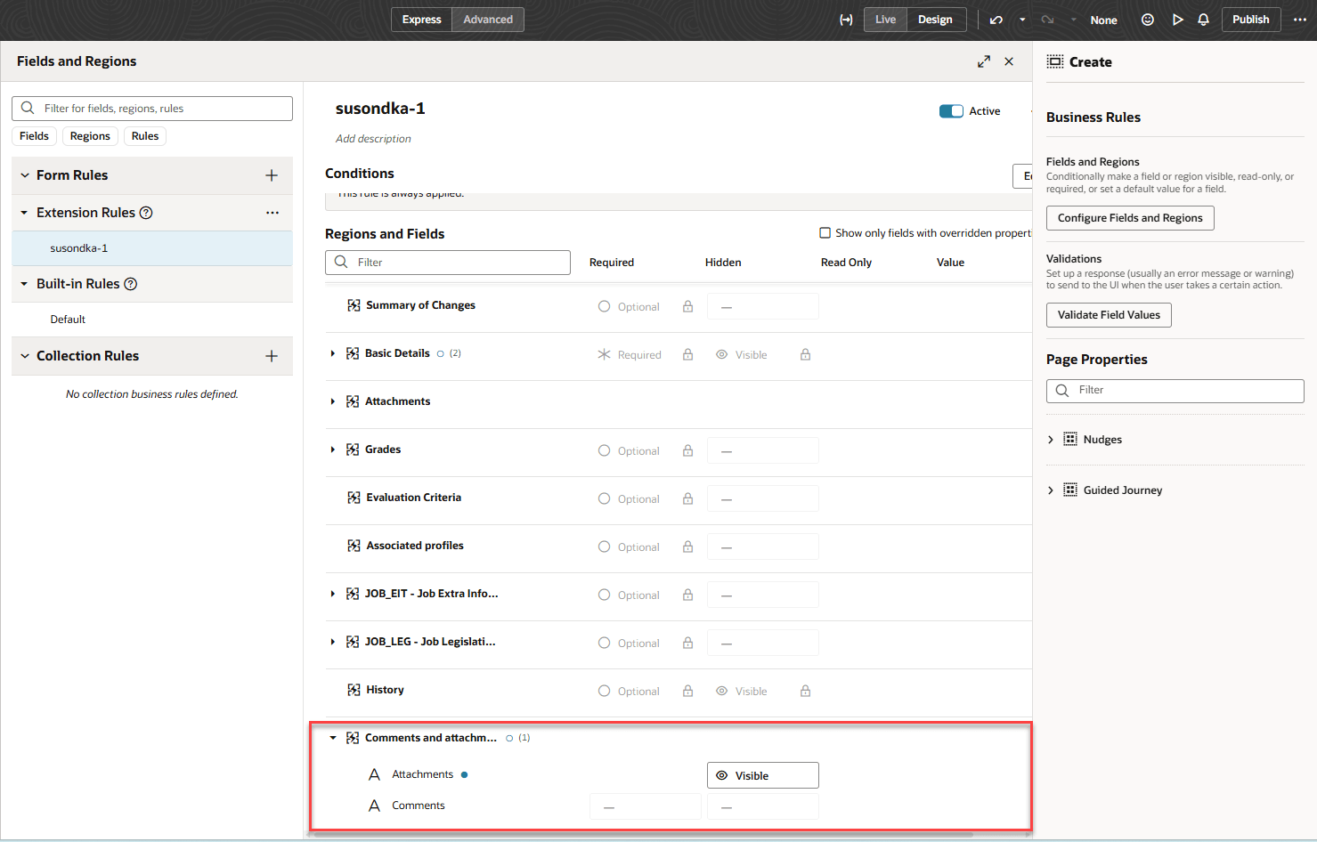 VB Studioビジネス・ルールを使用した「コメント添付」セクションの非表示または非表示解除