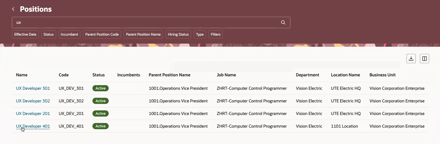 ポジション検索ページにリストされた新規ポジション