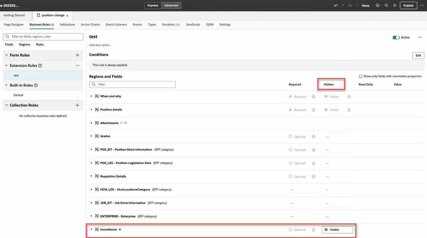 「在職者」セクションを「VB Studioビジネス・ルールで表示」に設定