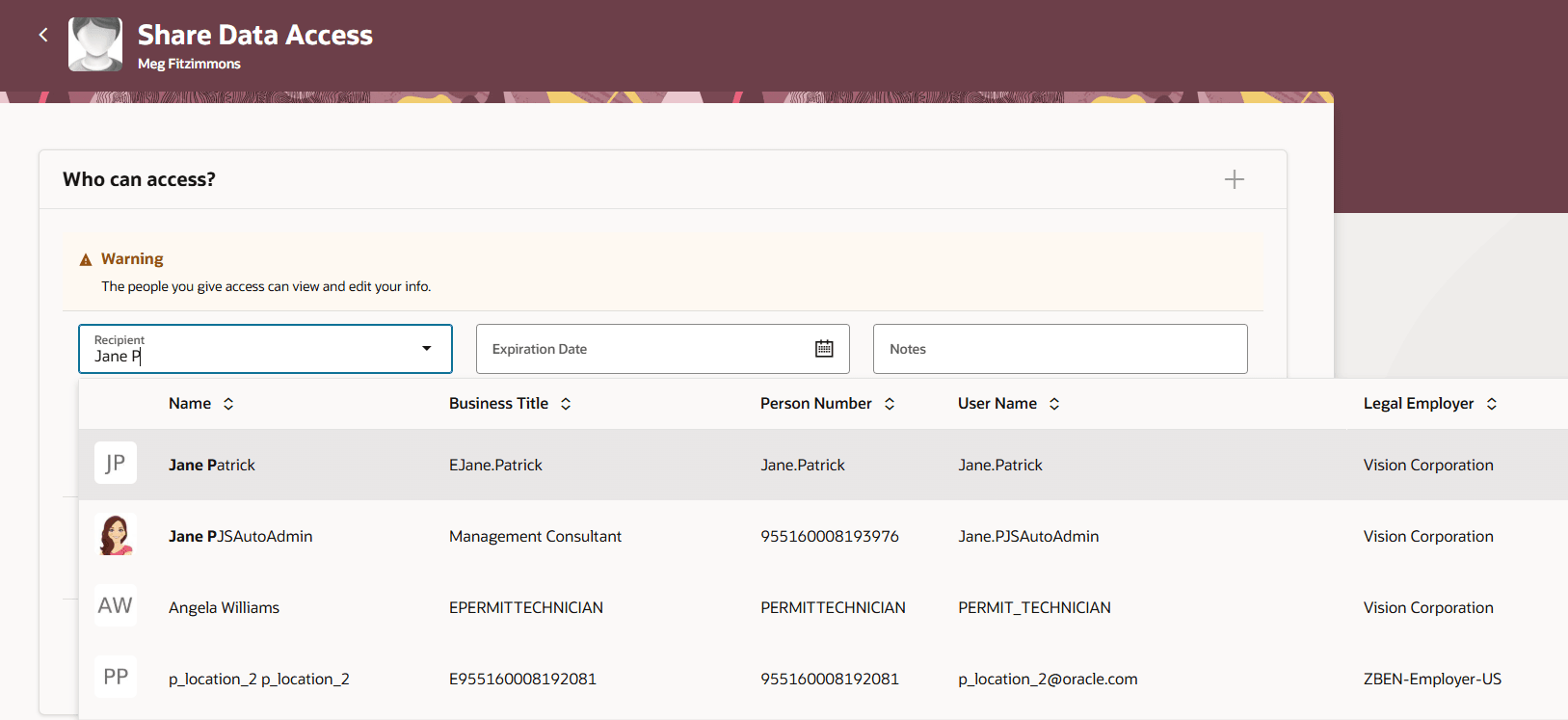 共有データ・アクセスの受信者属性に使用される就業者値リスト、5つの列を含む検索構成の表示: 名前、ビジネス・タイトル、個人番号、ユーザー名および雇用主