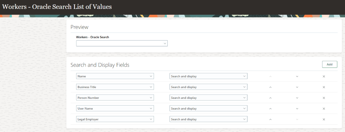 HCMエクスペリエンス設計スタジオの就業者値リスト(Oracle Search)構成