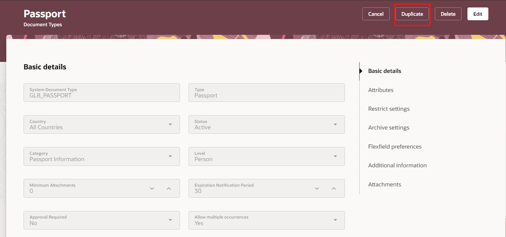 文書タイプ・ページの「複製」ボタン