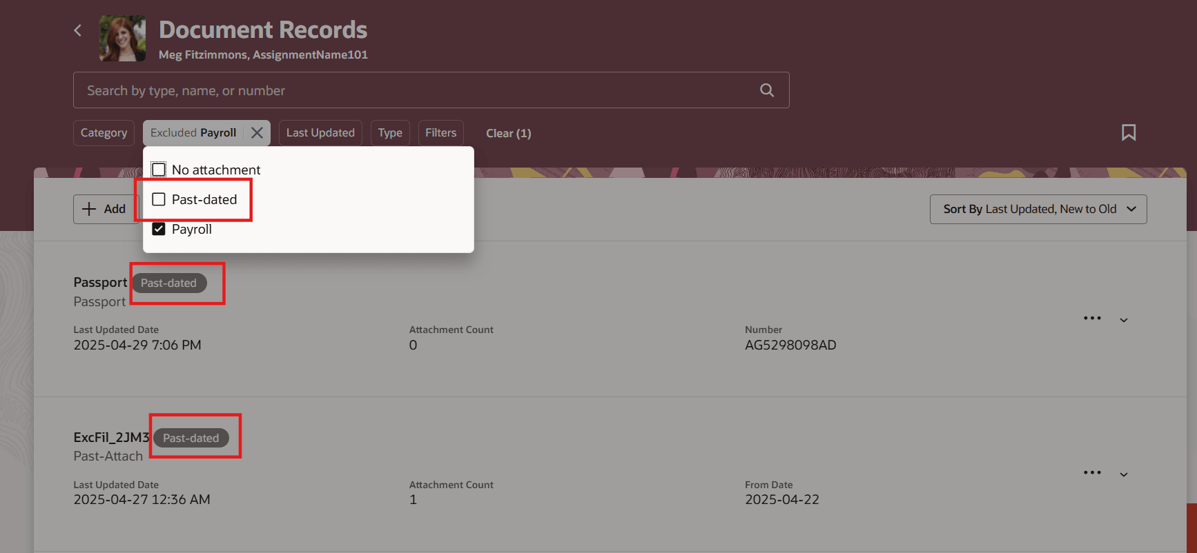 過去の日付のバッジがある文書レコード