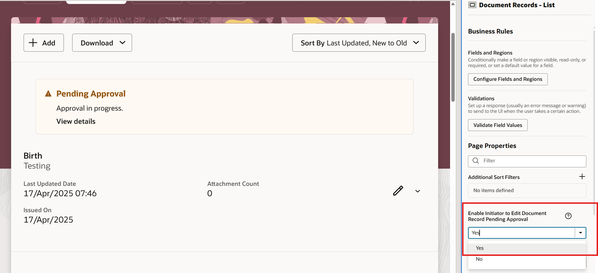 「作成者による承認待ち文書レコードの編集可能」プロパティの値