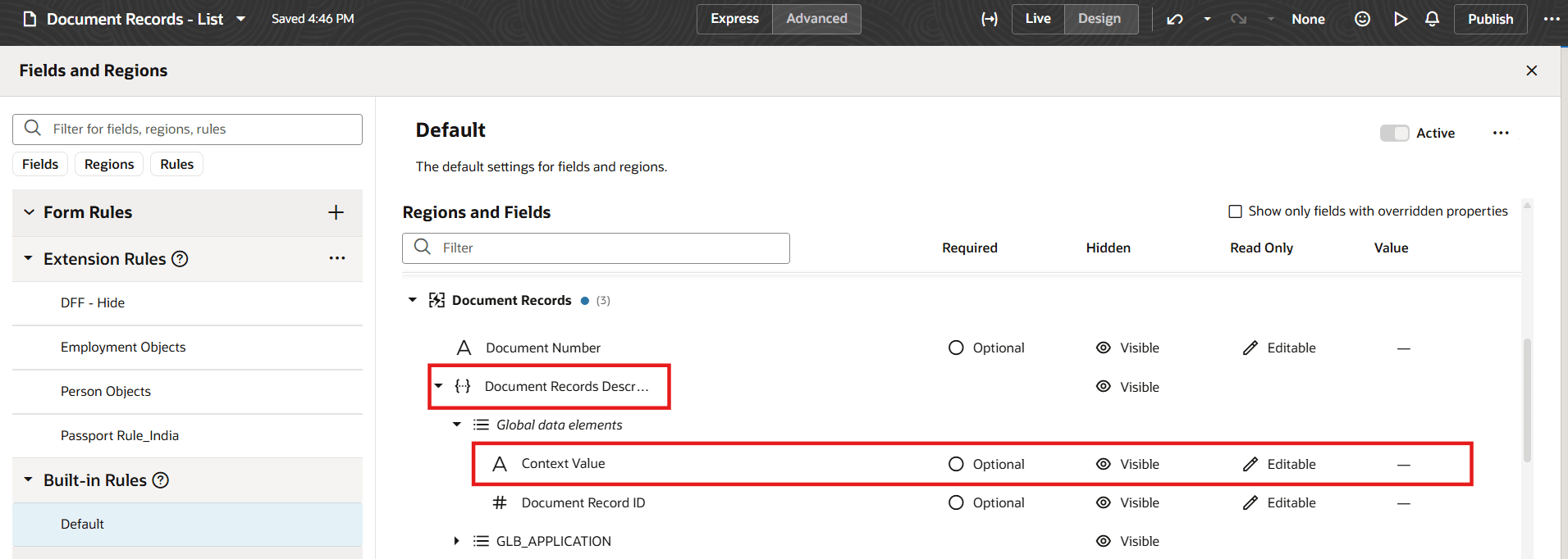 文書レコードDFFコンテキスト値に対するデフォルト式削除済