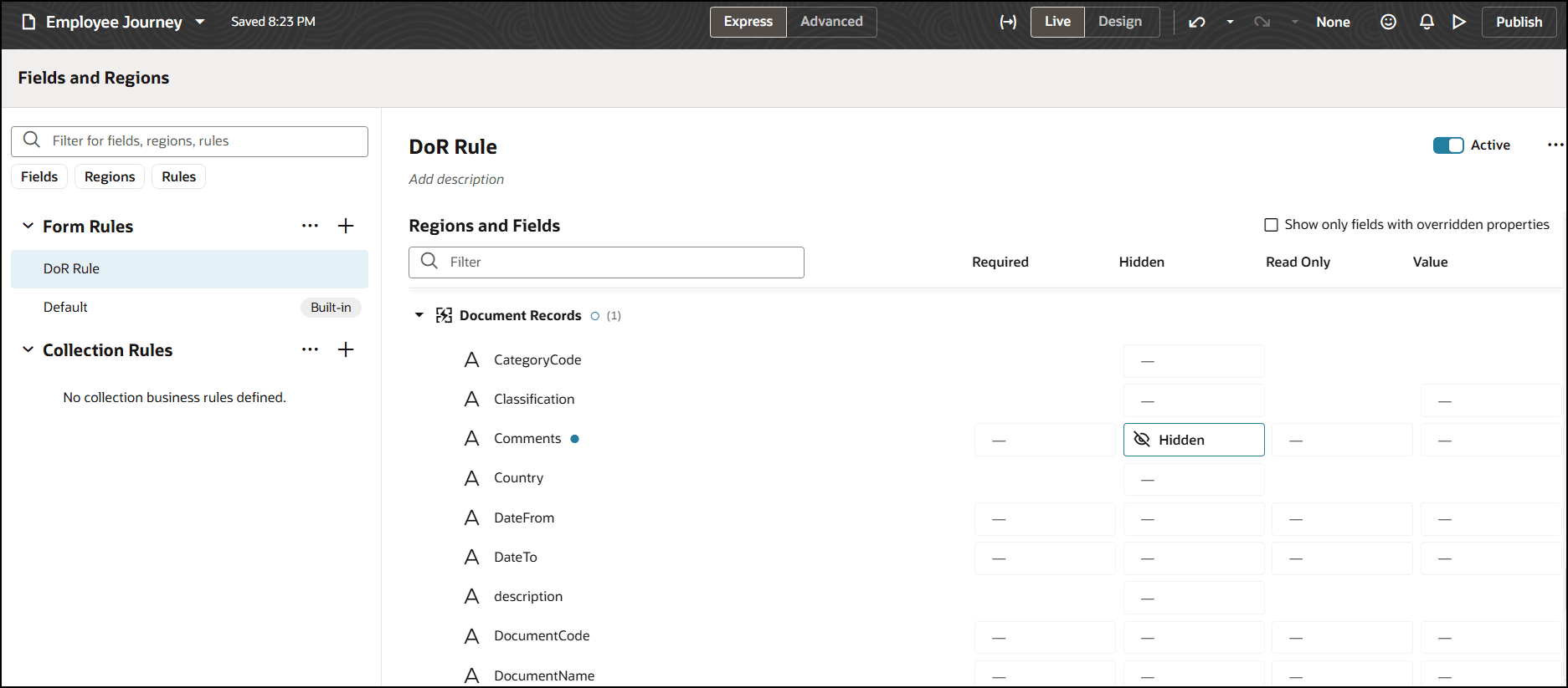 文書レコード・フラグメントの「コメント」フィールドを非表示にするビジネス・ルールの構成