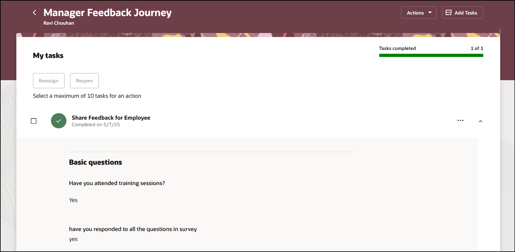 従業員が先行タスクを表示する前にマネージャが完了したタスク