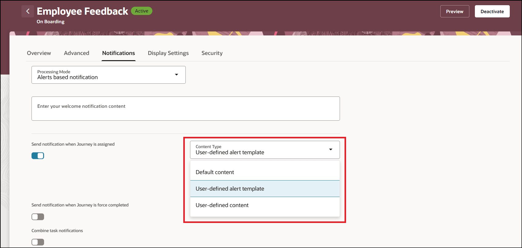 ジャーニ割当済通知のコンテンツ・タイプ