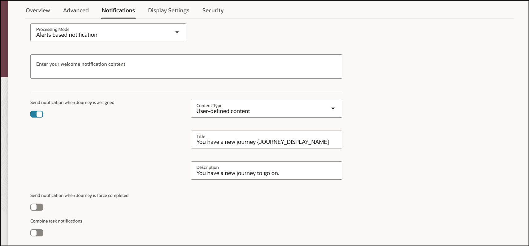 ジャーニ割当済通知のユーザー定義コンテンツ・タイプ