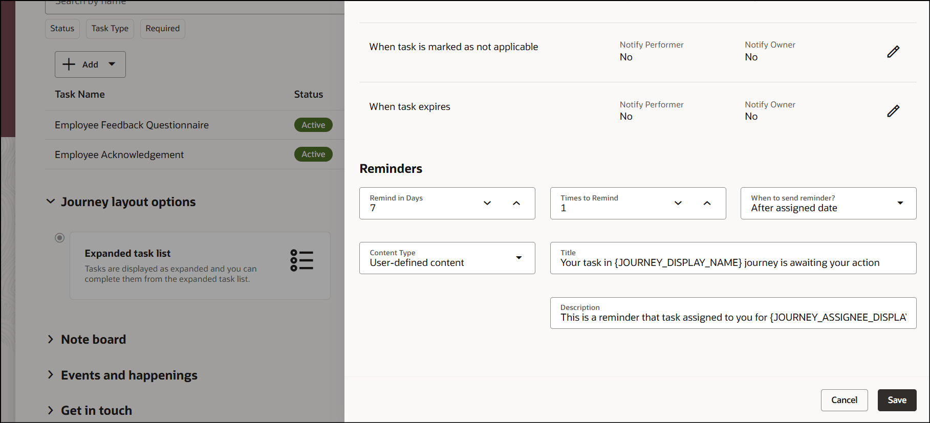 タスク・リマインダ通知のユーザー定義コンテンツ・タイプ