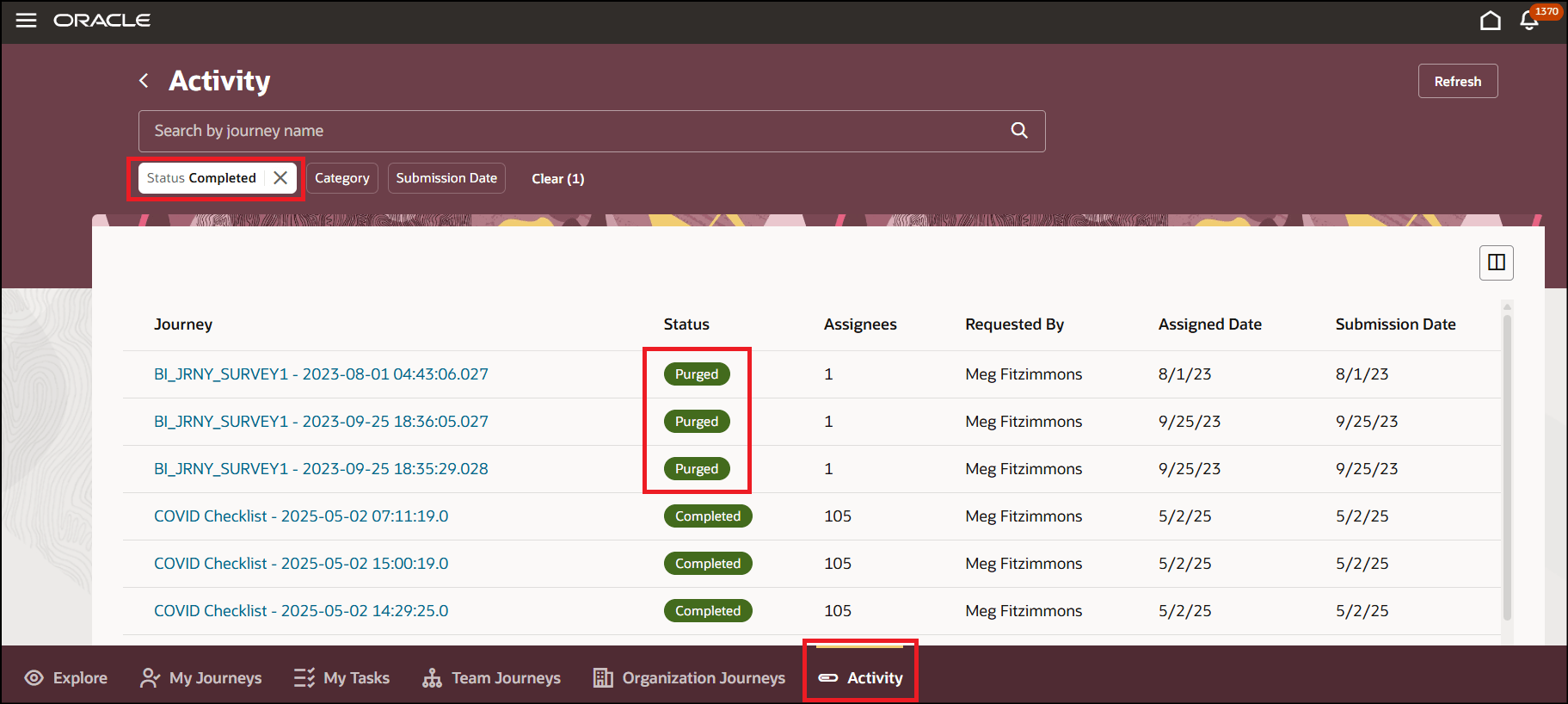 パージ済ステータスで表示されるジャーニ