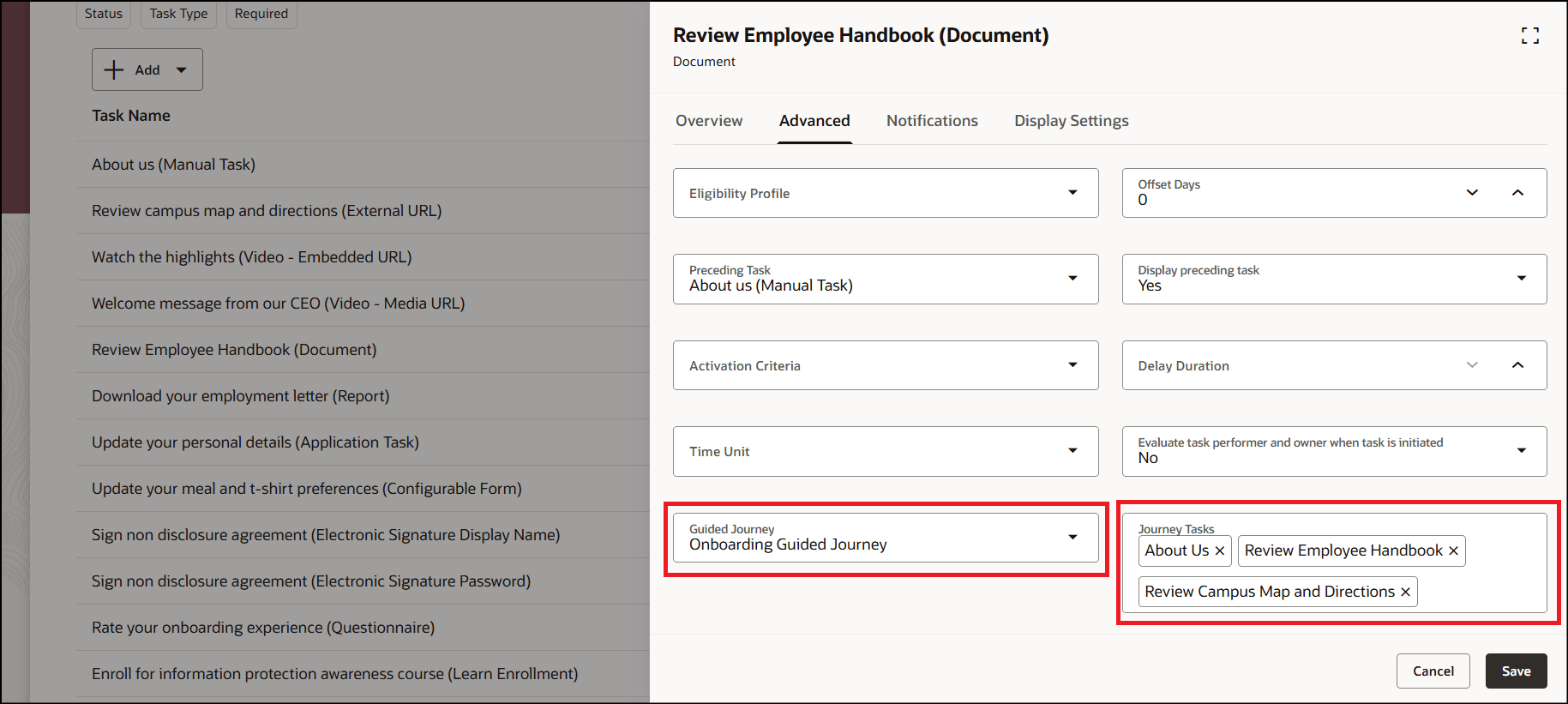 ジャーニ・タスクのガイド付きジャーニおよびタスクの構成