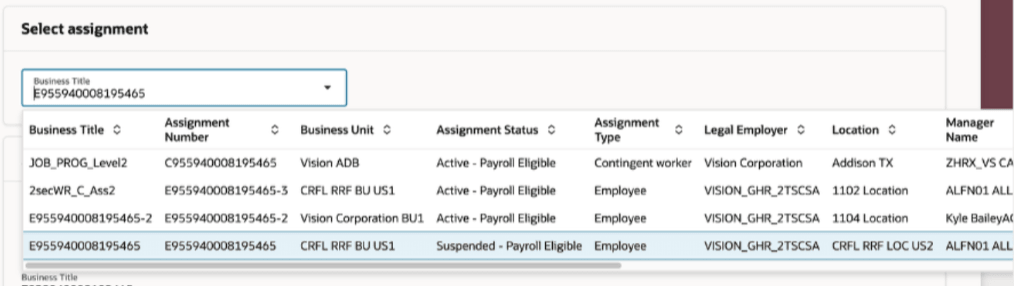 雇用情報および適格ジョブに関する就業者アサイメント値リスト