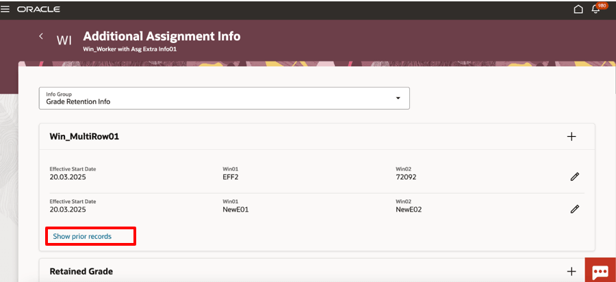 Redwoodの追加アサイメント情報ページでサポートされているアサイメントEFF履歴表示