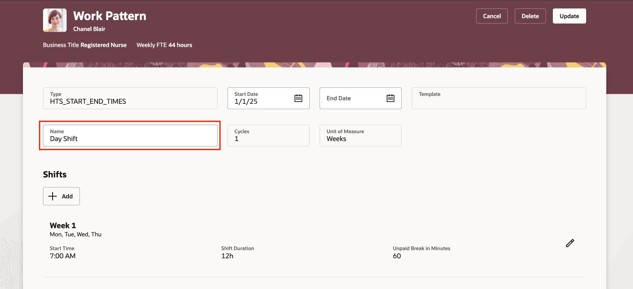 「新規名前」フィールドが表示された「勤務パターンの編集」ページ
