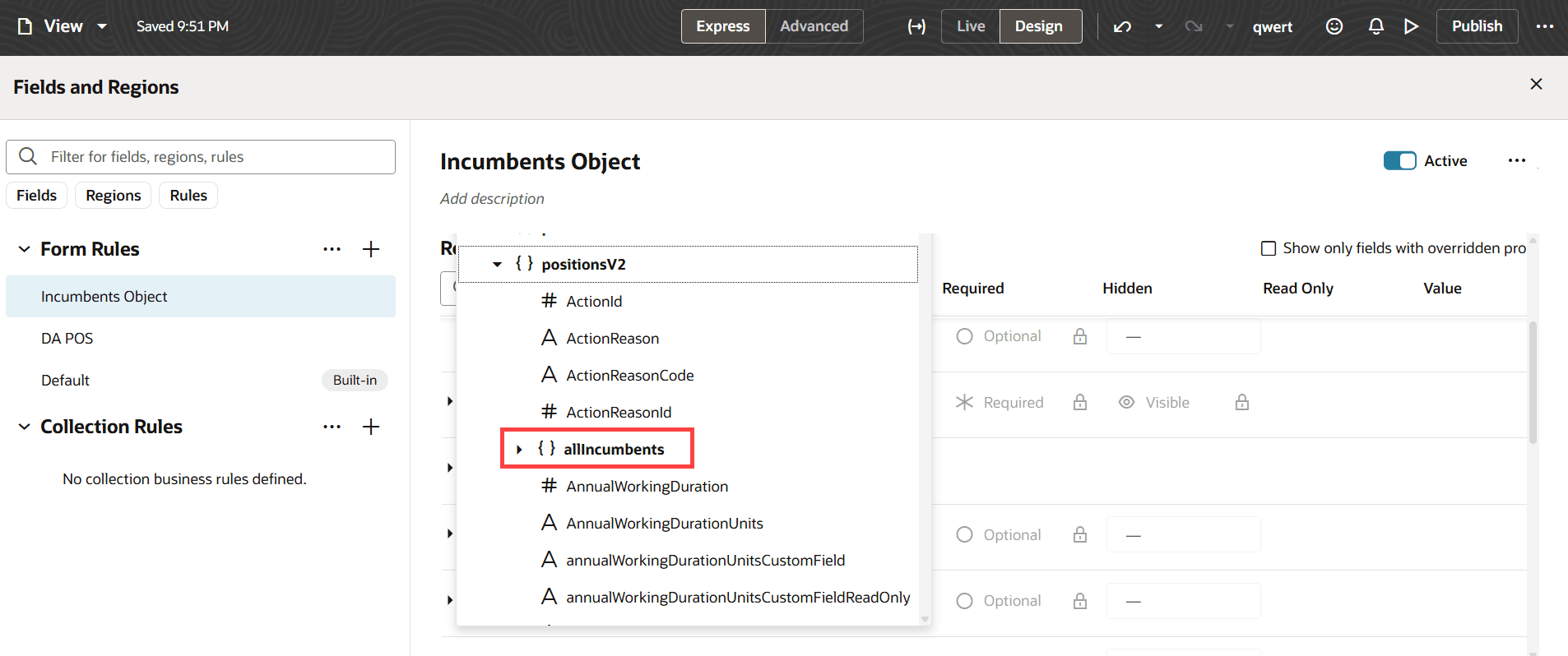 ポジションのビジネス・ルール構成で使用可能なすべての在職者オブジェクト