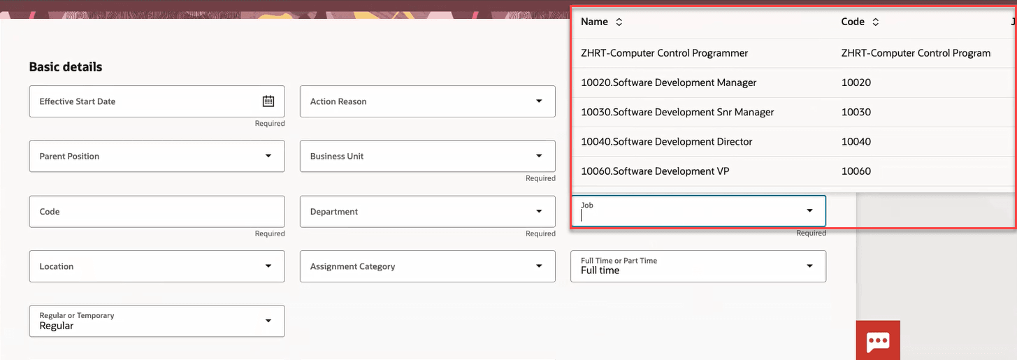 「新規ポジション」ページのジョブLOV