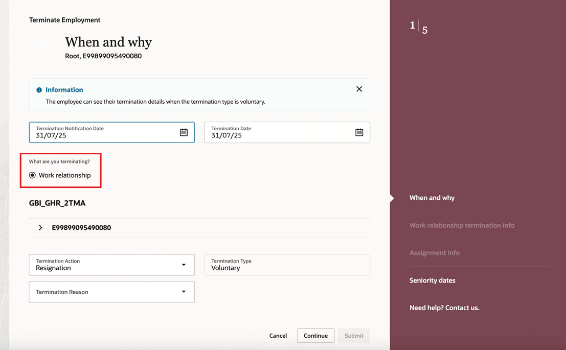 何を終了しますか? 「雇用終了」画面のトグル