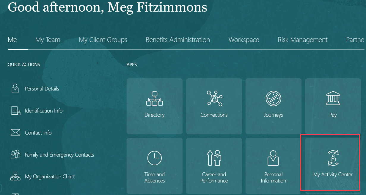 「自分のアクティビティ・センター」は、「自分」タブのアプリケーション・タイルを介してのみ使用できます
