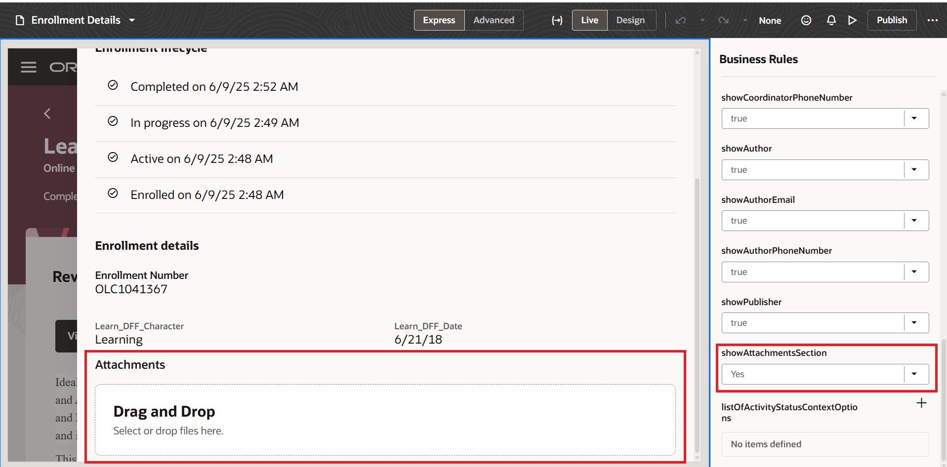 添付セクションを非表示にするページ・プロパティ