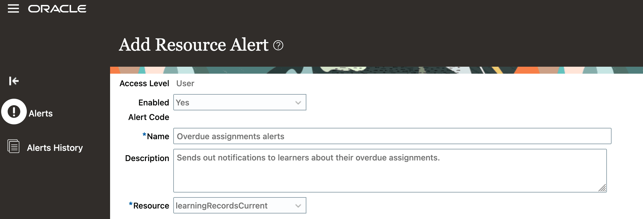 新しいlearningRecordsCurrentリソースが表示された「リソース・アラートの追加」ページ