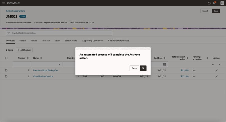 Redwood UIで「処理のアクティブ化」を選択した後の非同期アクティブ化の確認