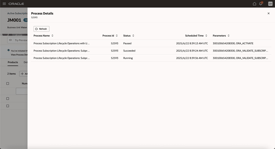 Redwood UIで発行されたプロセスを含むプロセス詳細