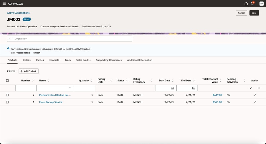 Redwood UIでアクティブ化のために発行されたプロセス
