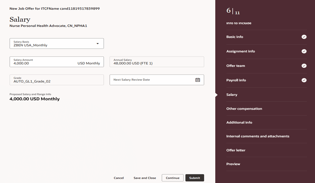新規ジョブ・オファー・フローの「給与」セクション